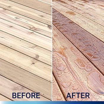 Wood decking before and after sealing, with water beading on the sealed side