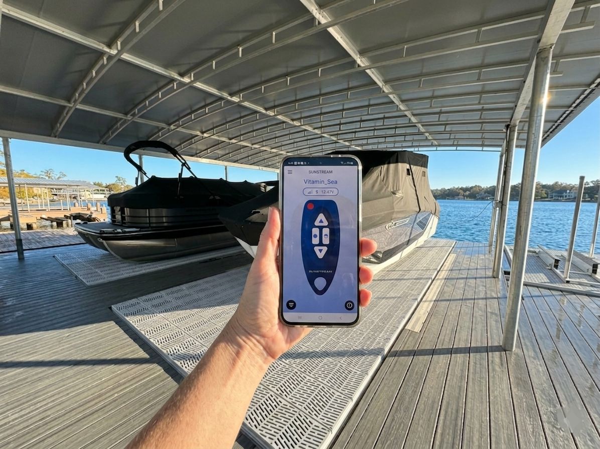 Sunstream app on a phone in a covered boathouse with two boats raised on lifts