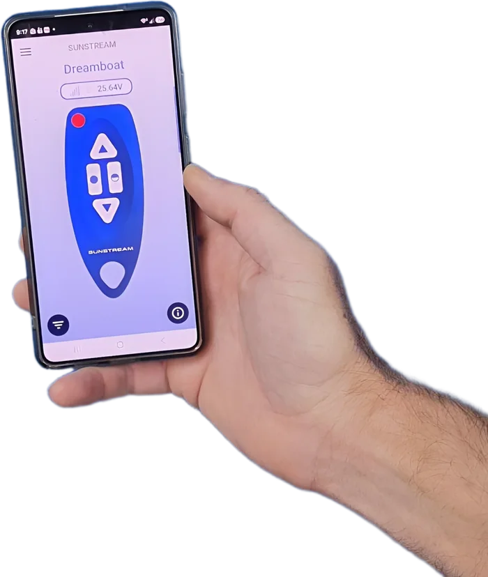 Hand holding a phone running the Sunstream boat lift app